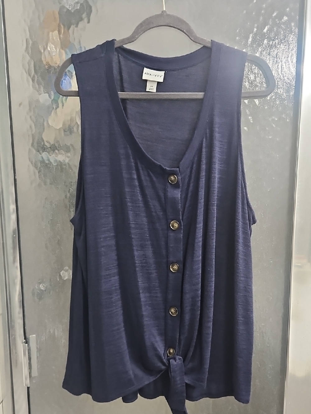 Ava & Viv Navy Button-Front Tie Hem Tank
